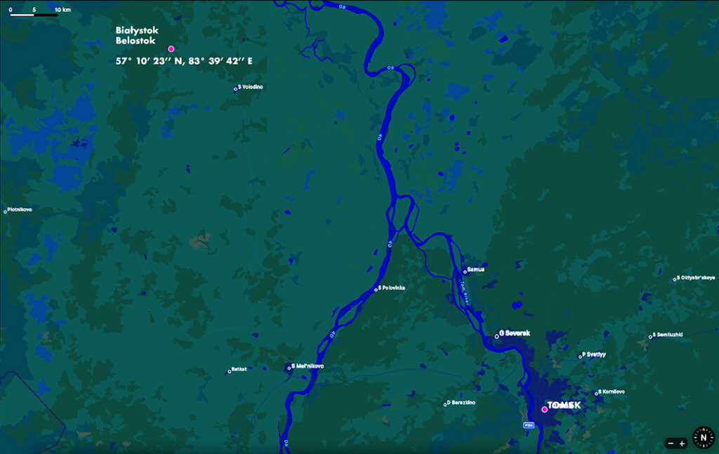 Mapa okolic Tomska, z zaznaczeniem położenia wsi Białystok